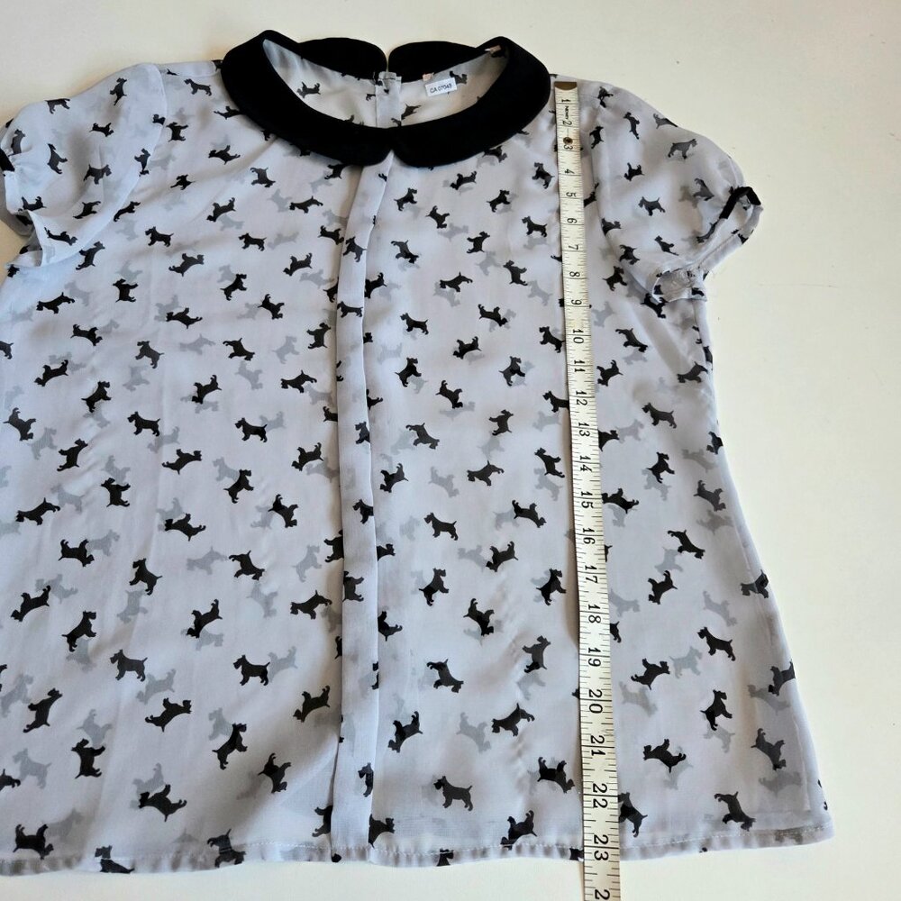 Peter Pan Collar Grey Dogs Pattern Blouse Short Sleeve Top - Picture 6 of 9